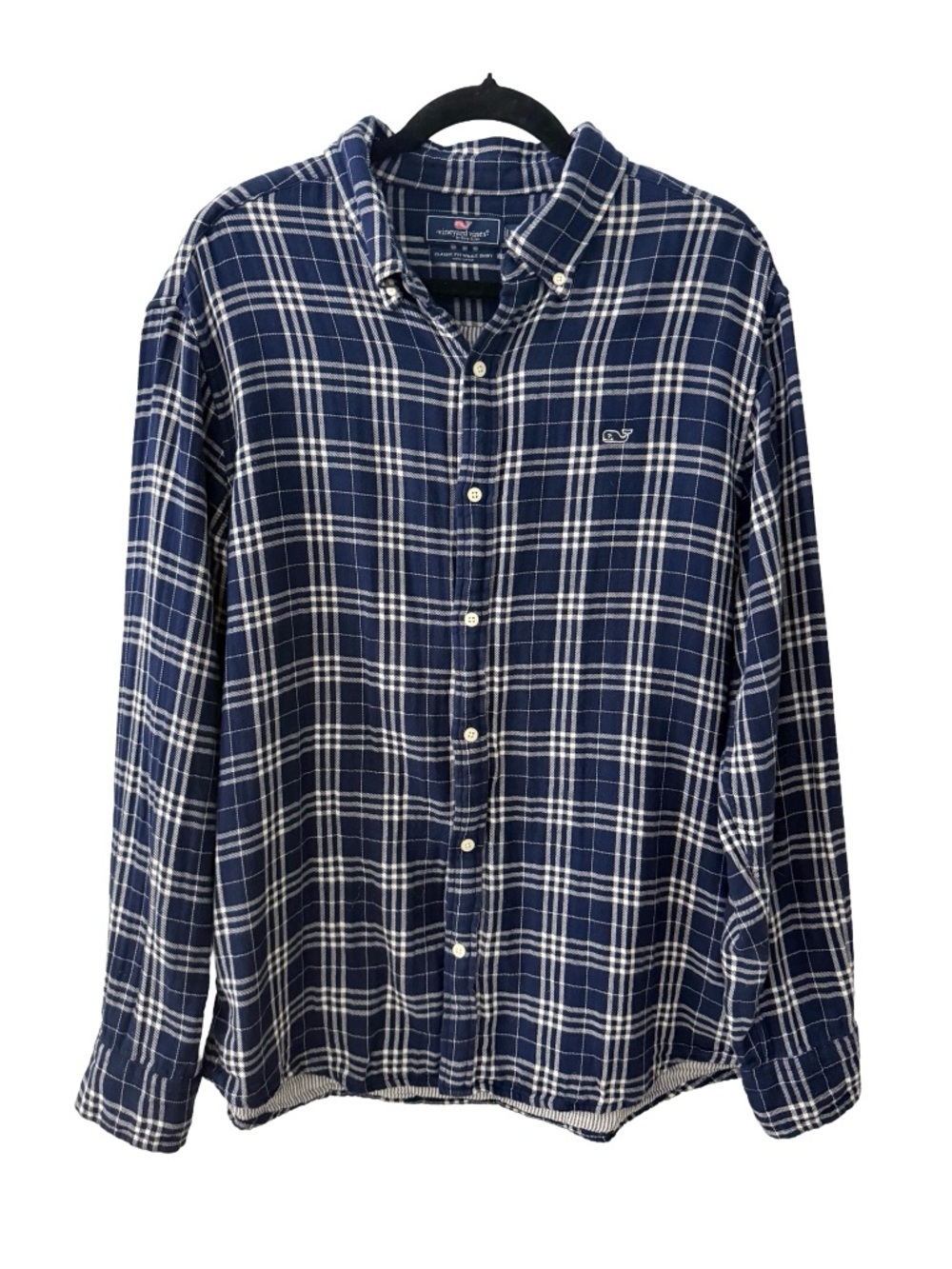 Vineyard Vines Men’s Blue and White Plaid Button-Down Classic Fit Whale Shirt